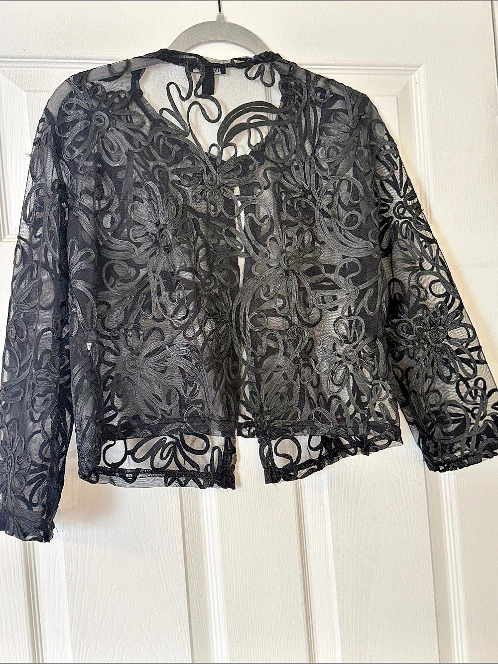 Nina Leonard Black Sheer Floral Lace Open Front Bolero Jacket Size S